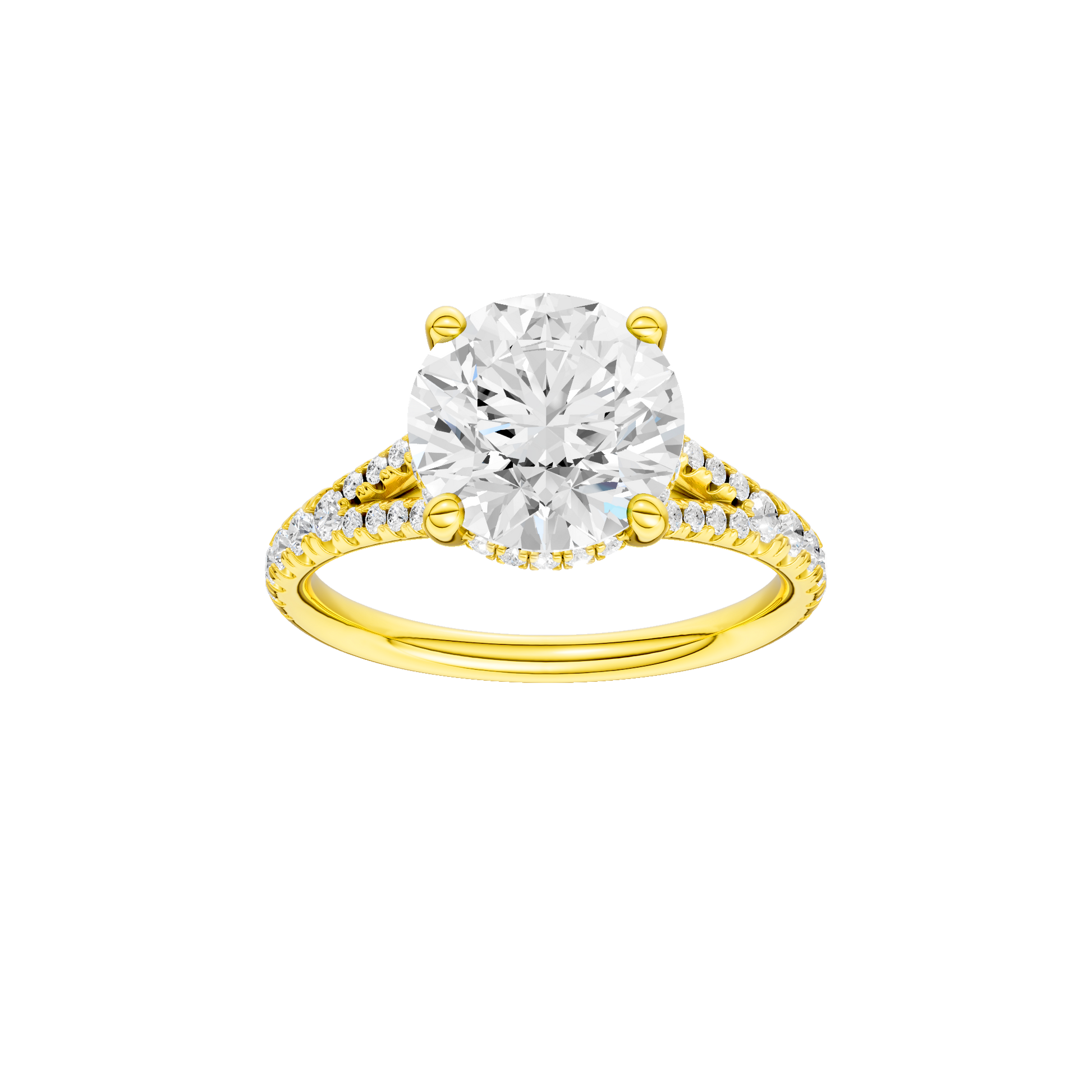 Round-cut diamond engagement ring with a prong-set diamond band and hidden-halo setting.