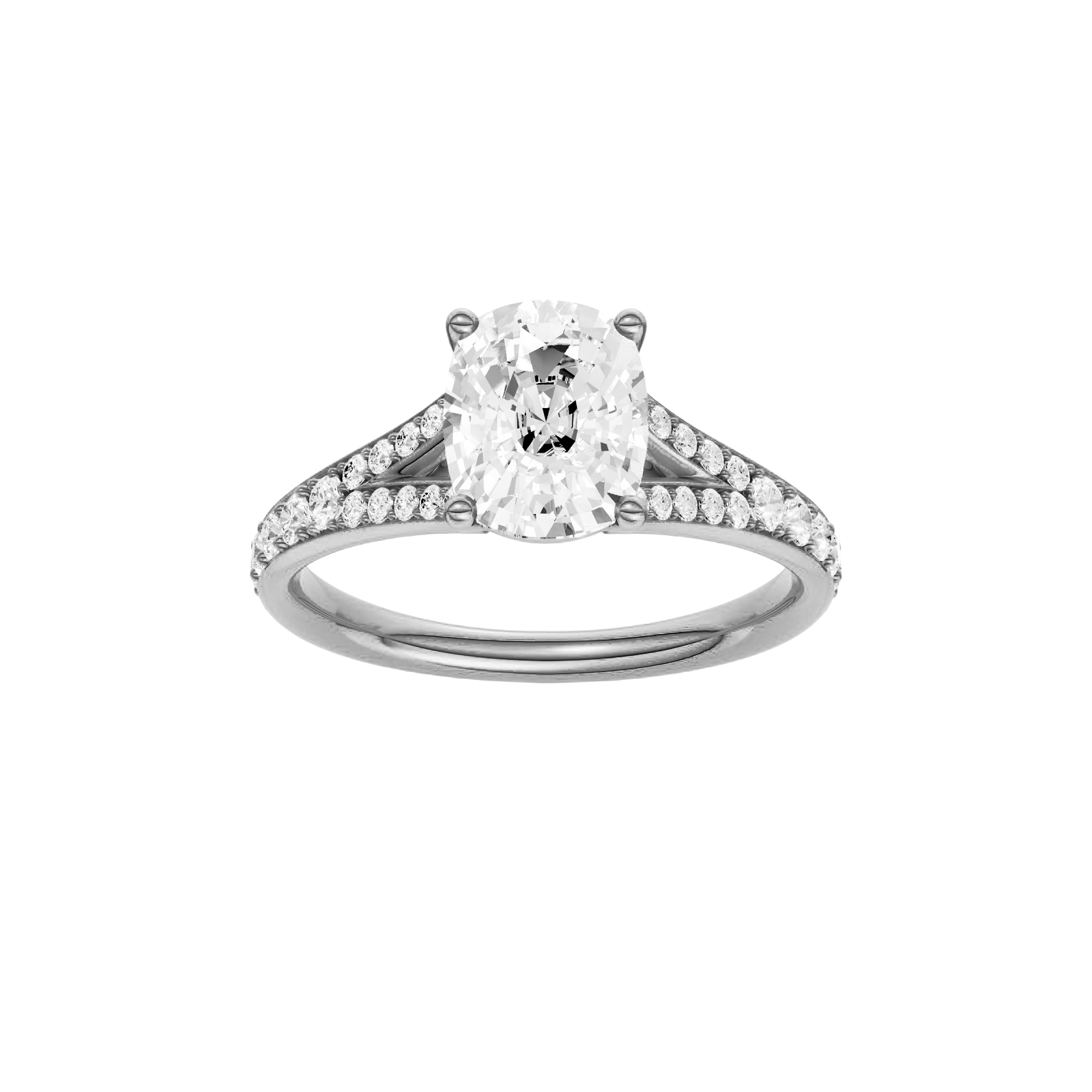 Elongated cushion-cut diamond engagement ring with a channel-set diamond band and solitaire setting.
