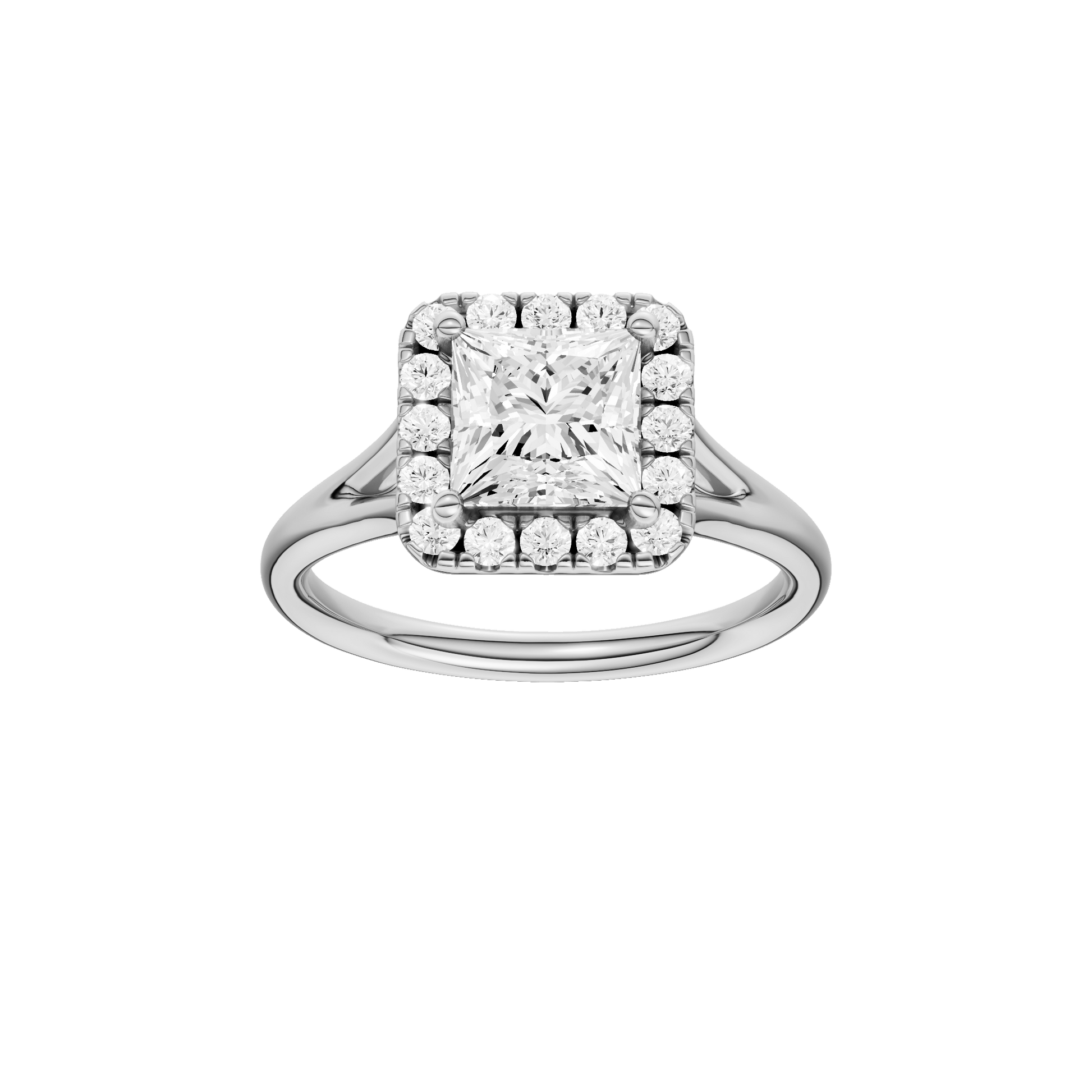 Princess-cut diamond engagement ring with a plain band and halo setting.