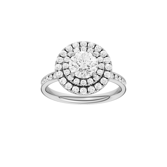 Round-cut diamond engagement ring with a channel-set diamond band and double-halo setting.