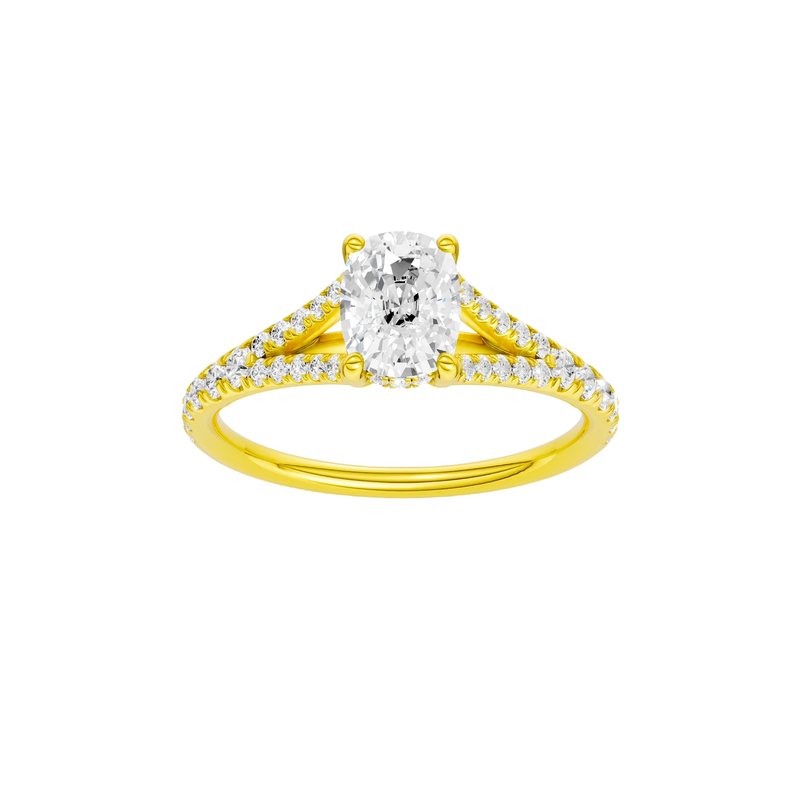 Elongated cushion-cut diamond engagement ring with a prong-set diamond band and hidden-halo setting.
