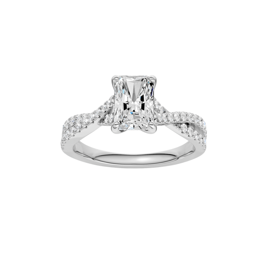 Radiant-cut diamond engagement ring in 14k white gold with a prong-set diamond band and twist setting