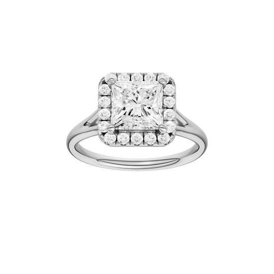 Princess-cut diamond engagement ring with a plain band and halo setting.