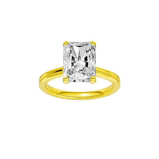 Radiant-cut diamond engagement ring with a plain band and solitaire setting.