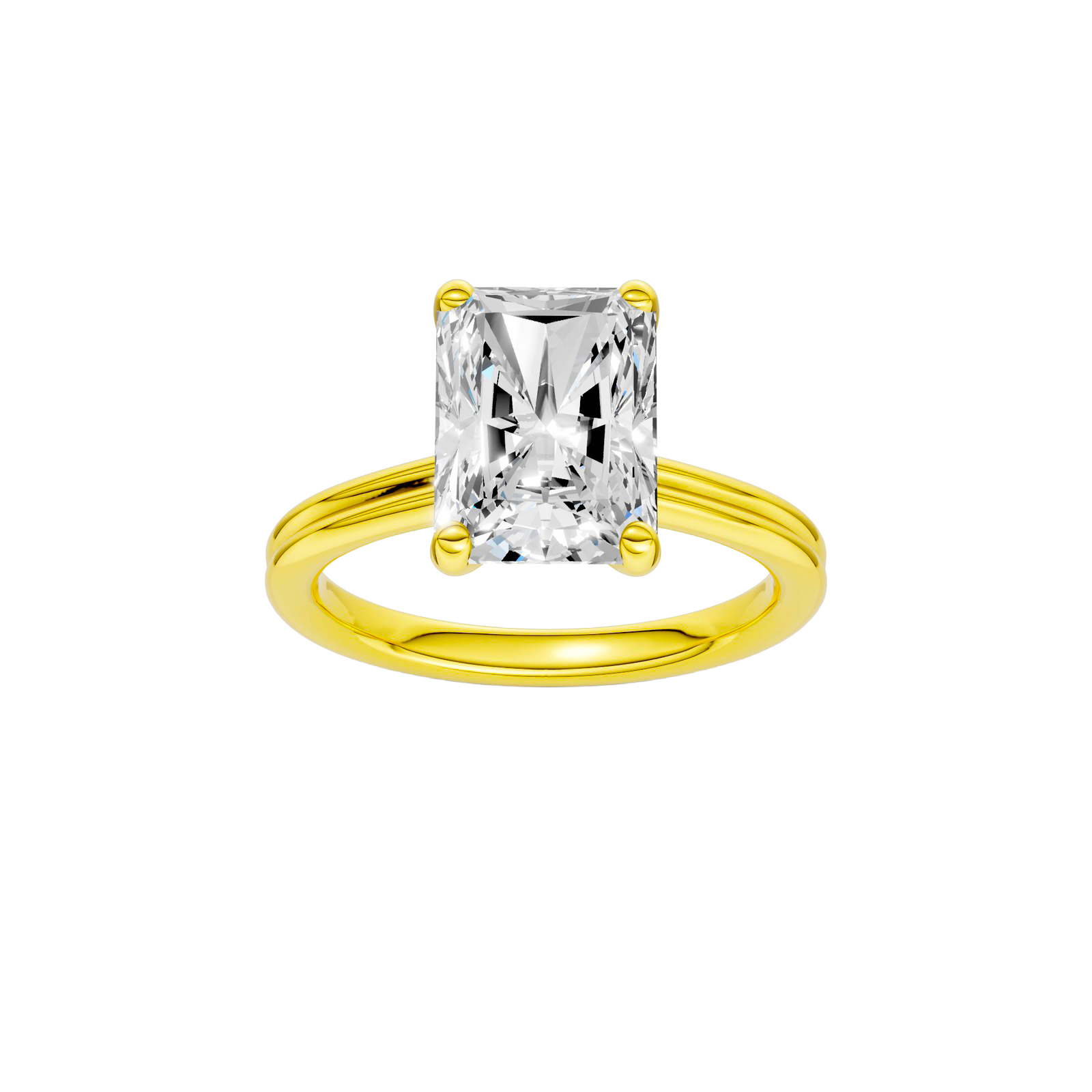 Radiant-cut diamond engagement ring with a plain band and solitaire setting.