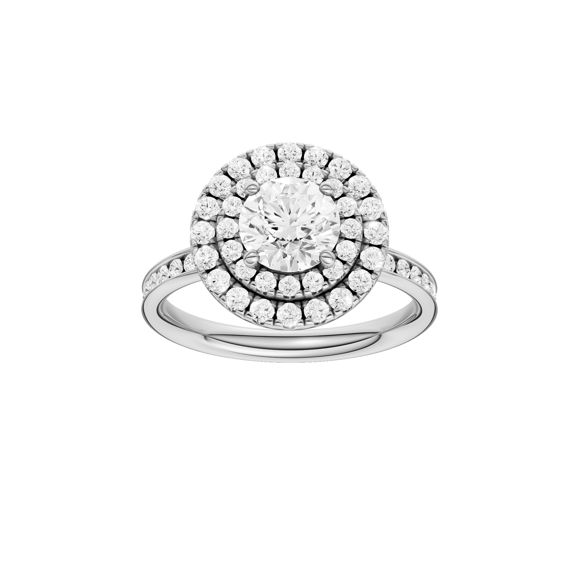 Round-cut diamond engagement ring with a channel-set diamond band and double-halo setting.