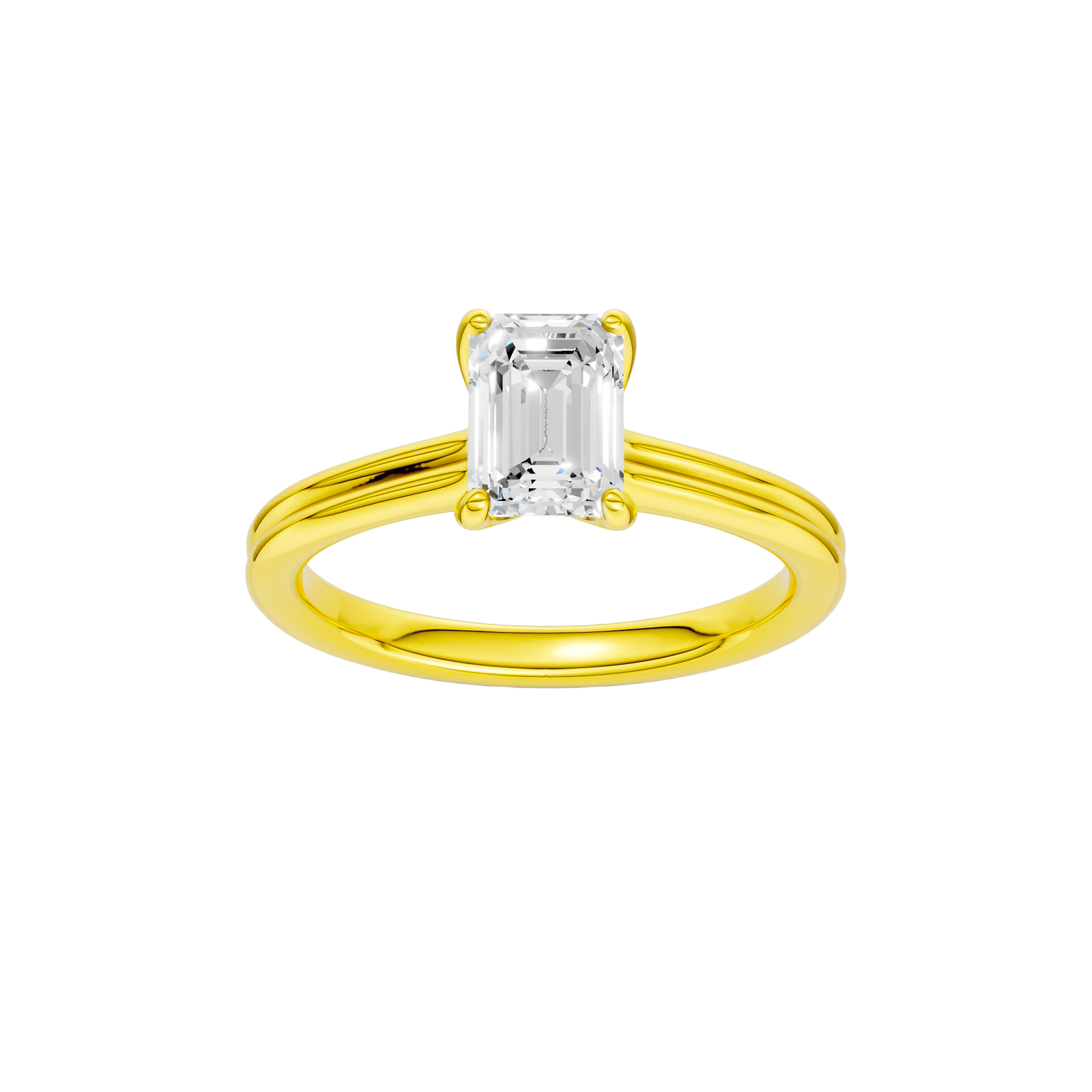 Emerald-cut diamond engagement ring with a plain band and solitaire setting.