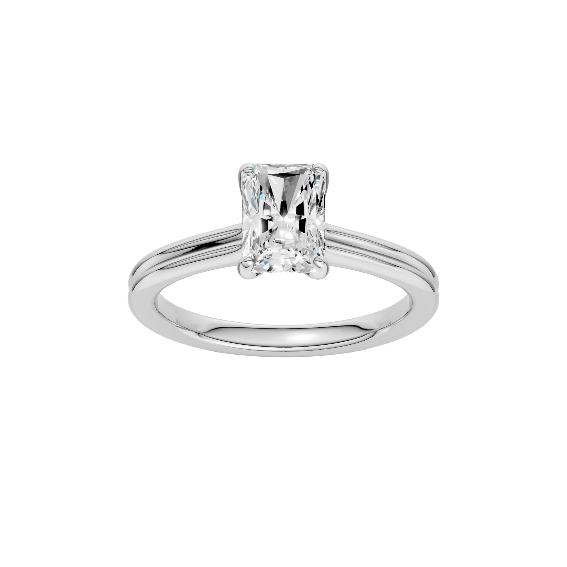 Radiant-cut diamond engagement ring with a plain band and solitaire setting.