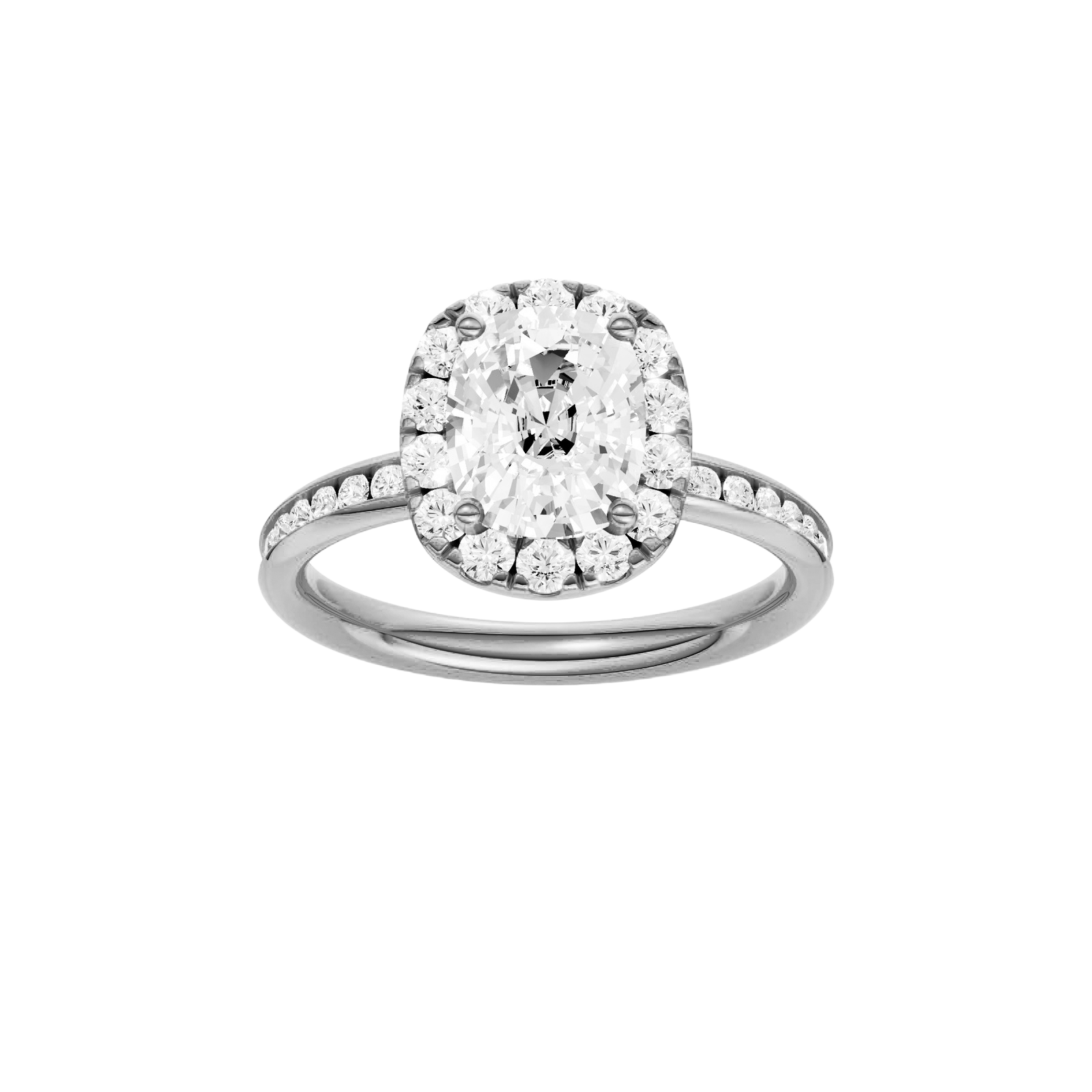 Elongated cushion-cut diamond engagement ring with a channel-set diamond band and halo setting.