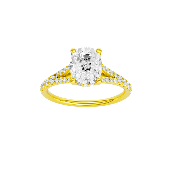 Elongated cushion-cut diamond engagement ring with a prong-set diamond band and hidden-halo setting.