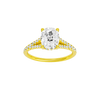 Elongated cushion-cut diamond engagement ring with a prong-set diamond band and hidden-halo setting.