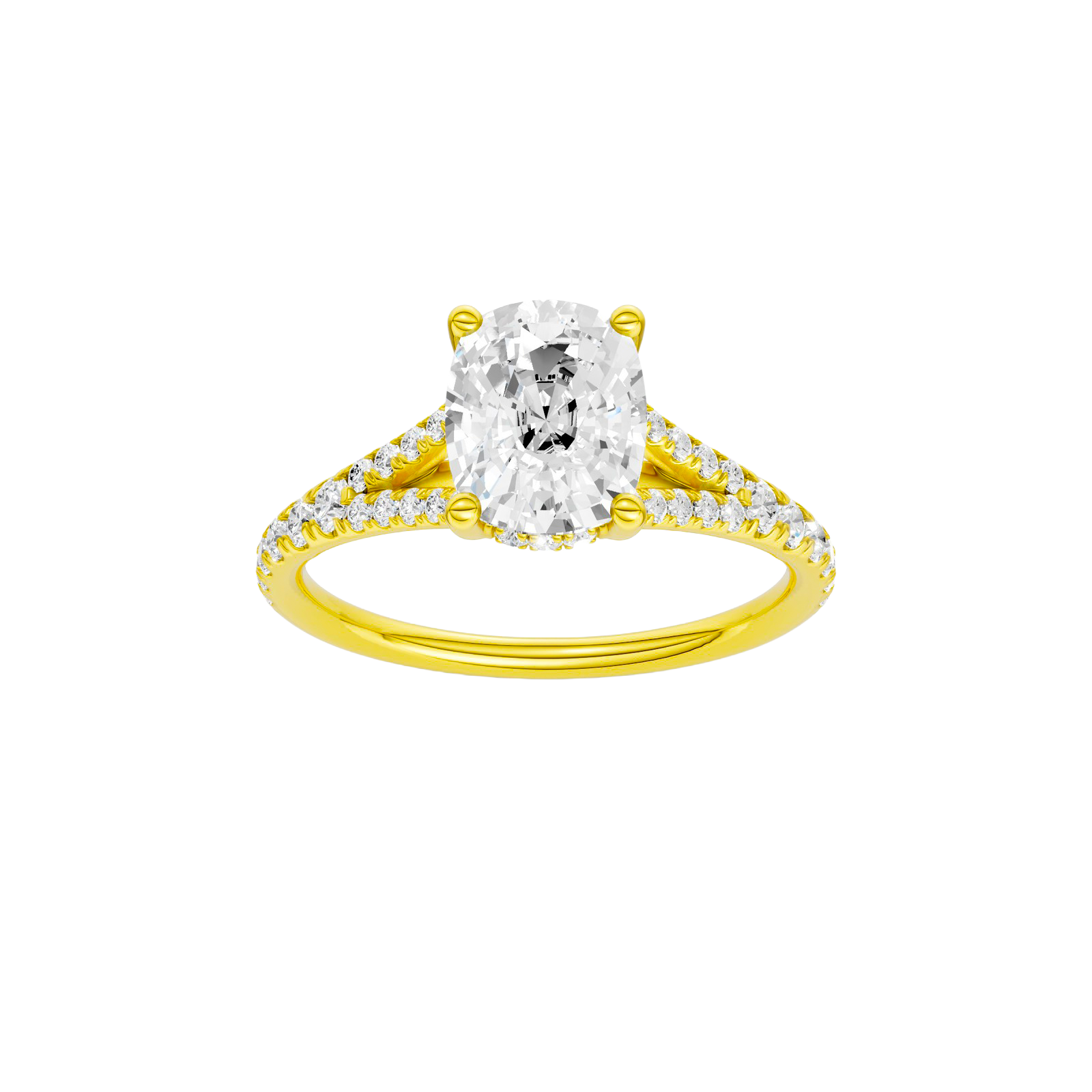 Elongated cushion-cut diamond engagement ring with a prong-set diamond band and hidden-halo setting.
