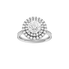 Round-cut diamond engagement ring with a channel-set diamond band and double-halo setting.