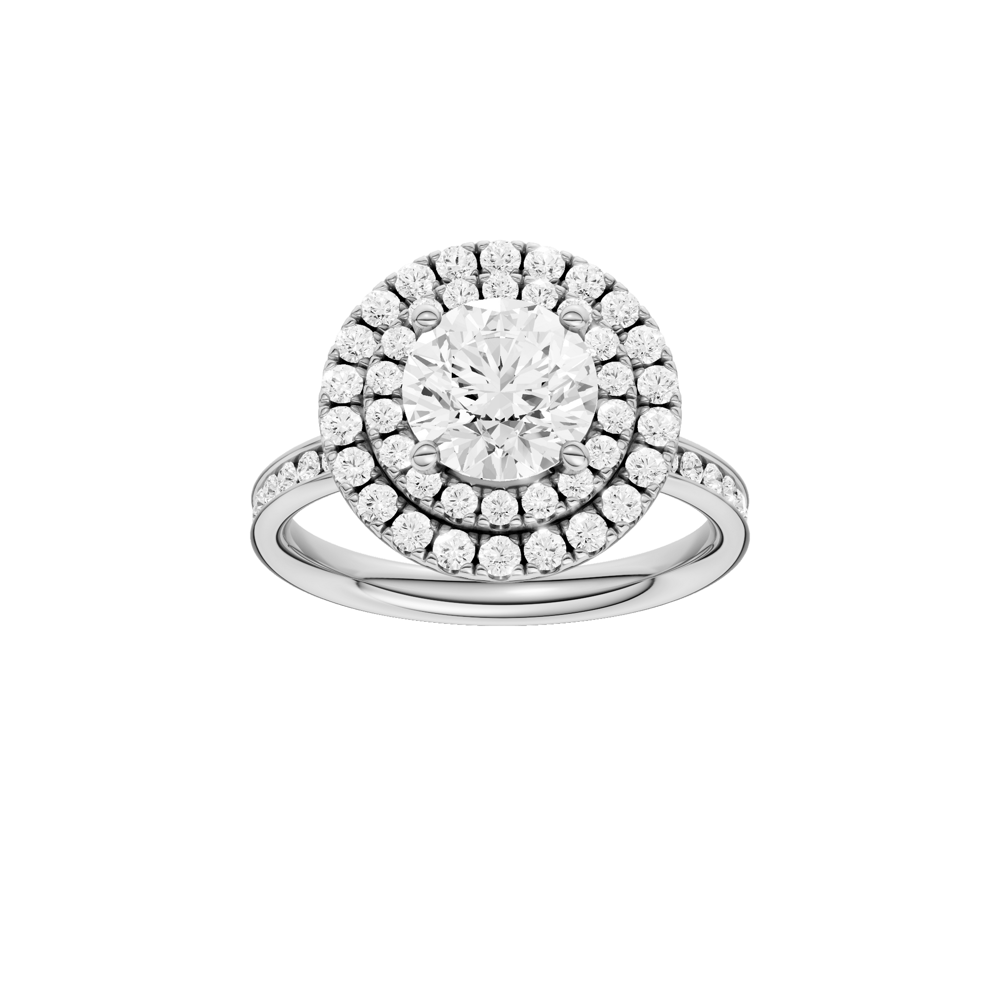 Round-cut diamond engagement ring with a channel-set diamond band and double-halo setting.