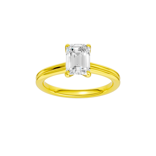 Emerald-cut diamond engagement ring with a plain band and solitaire setting.