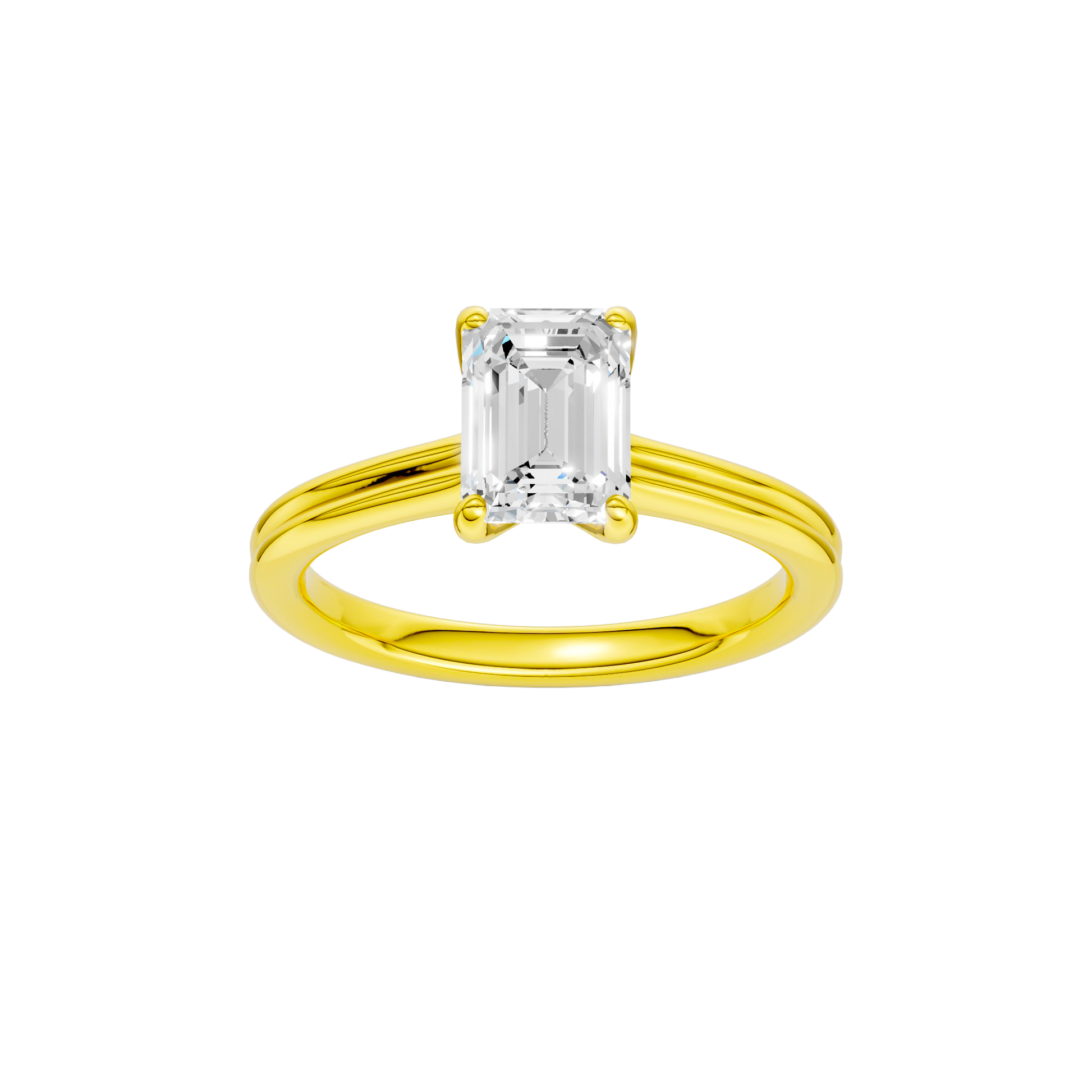 Emerald-cut diamond engagement ring with a plain band and solitaire setting.