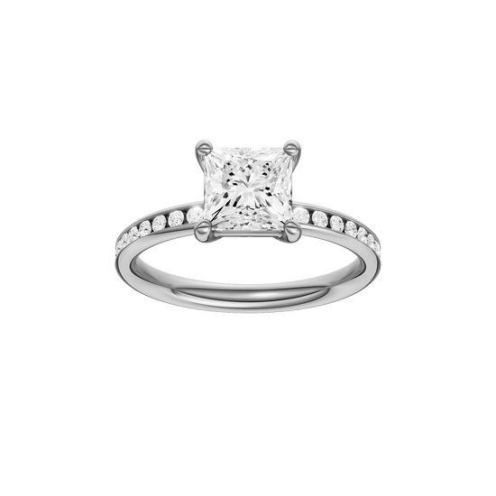 Princess-cut diamond engagement ring with a channel-set diamond band and solitaire setting.