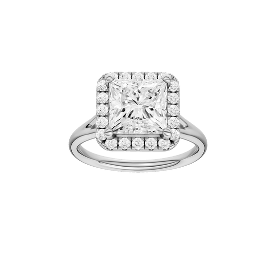 Princess-cut diamond engagement ring with a plain band and halo setting.