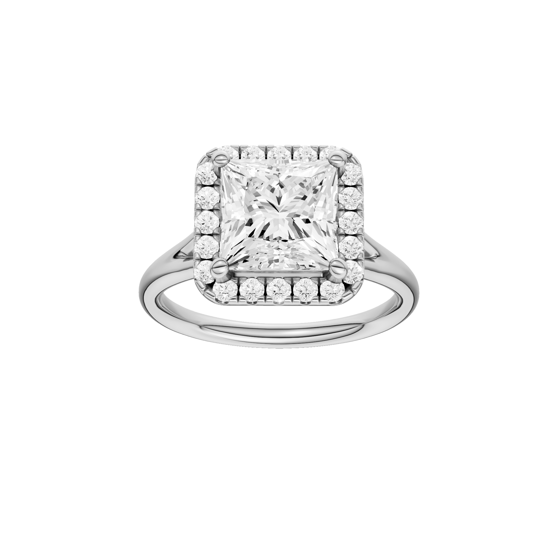 Princess-cut diamond engagement ring with a plain band and halo setting.