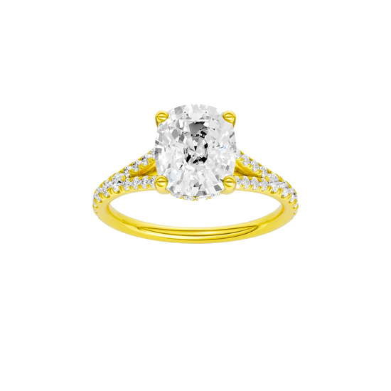 Elongated cushion-cut diamond engagement ring with a prong-set diamond band and hidden-halo setting.