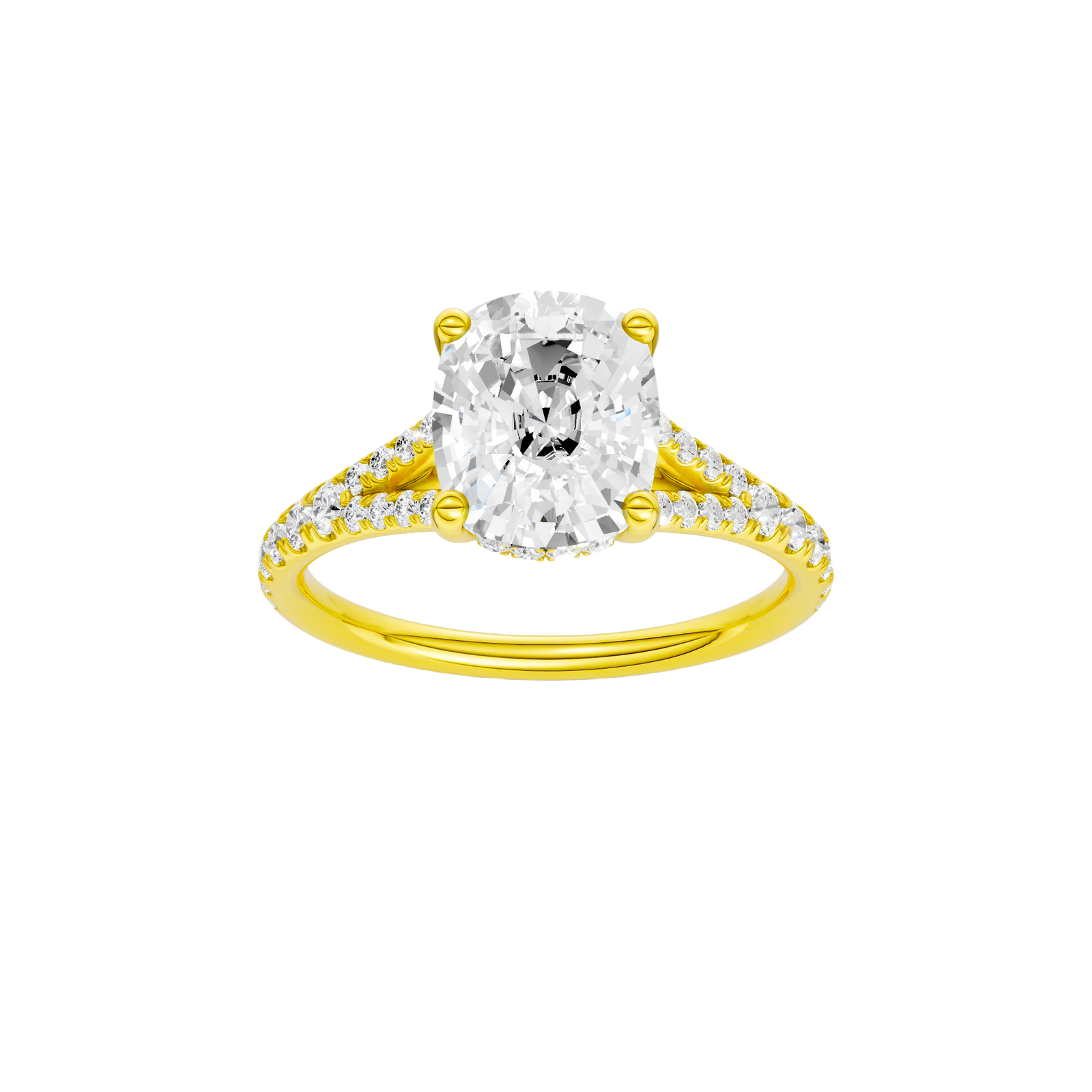 Elongated cushion-cut diamond engagement ring with a prong-set diamond band and hidden-halo setting.