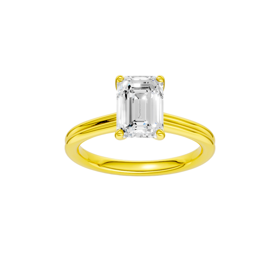 Emerald-cut diamond engagement ring with a plain band and solitaire setting.