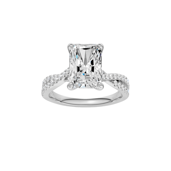 Radiant-cut diamond engagement ring in 14k white gold with a prong-set diamond band and twist setting