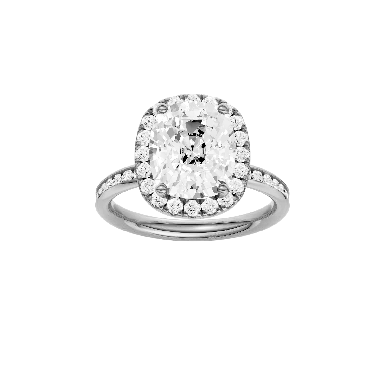 Elongated cushion-cut diamond engagement ring with a channel-set diamond band and halo setting.