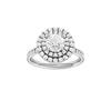 Round-cut diamond engagement ring with a channel-set diamond band and double-halo setting.