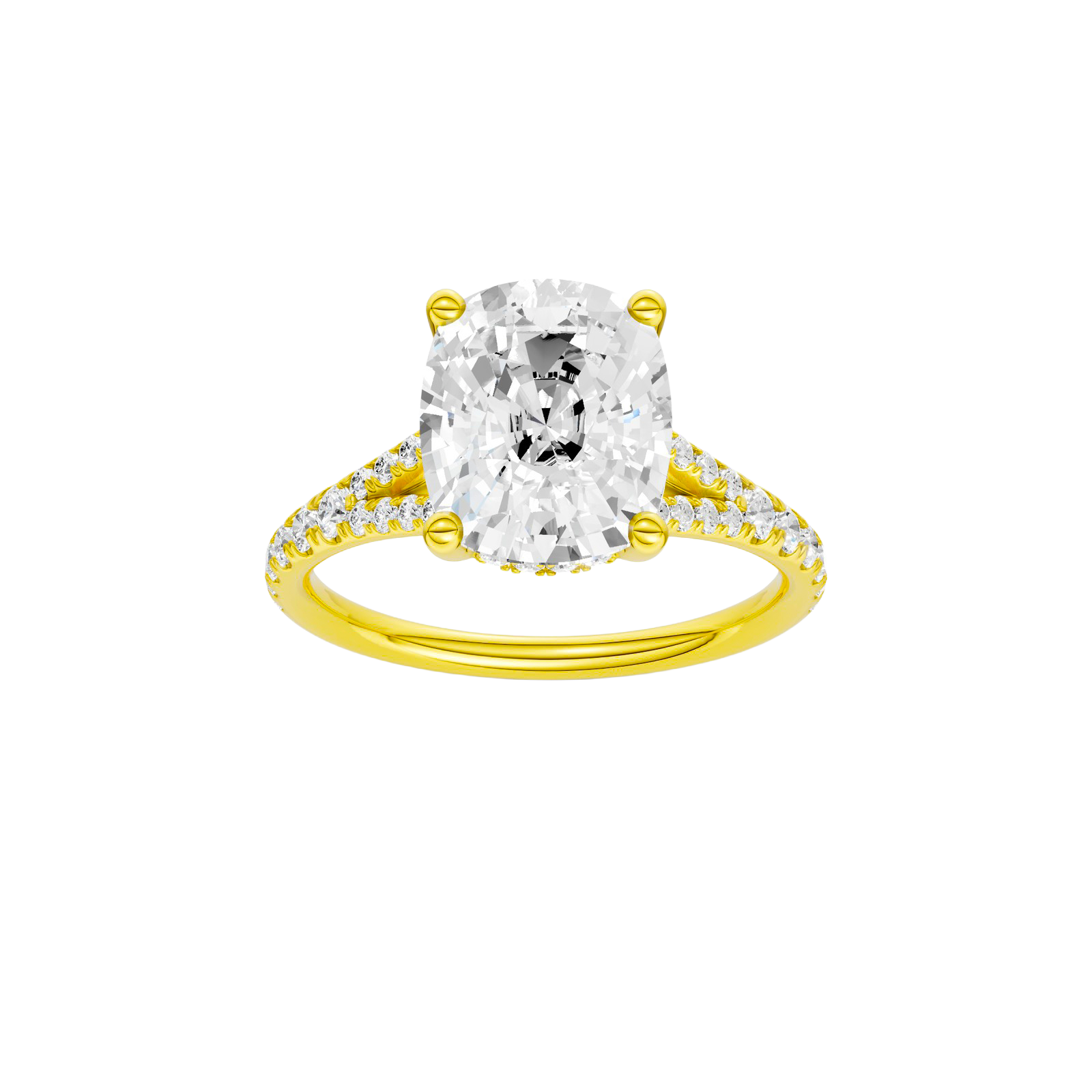 Elongated cushion-cut diamond engagement ring with a prong-set diamond band and hidden-halo setting.