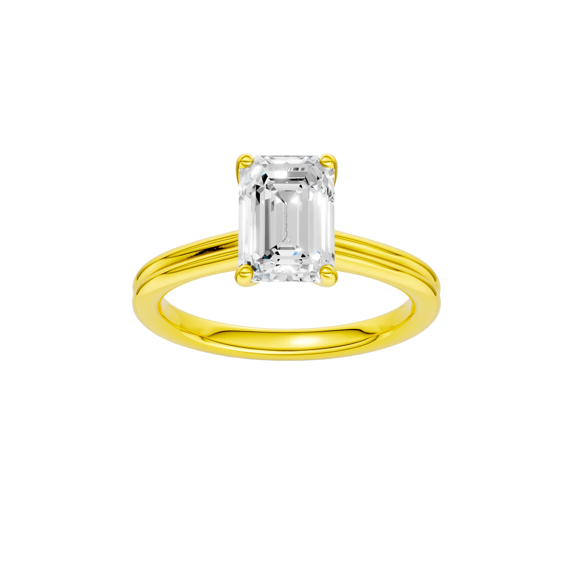 Emerald-cut diamond engagement ring with a plain band and solitaire setting.