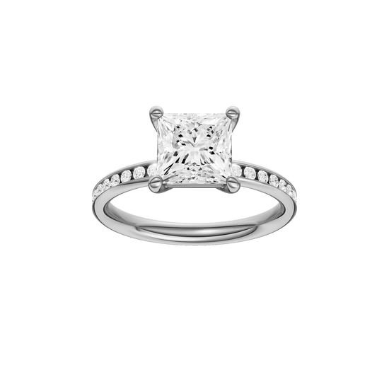 Princess-cut diamond engagement ring with a channel-set diamond band and solitaire setting.