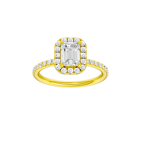 Emerald-cut diamond engagement ring with a prong-set diamond band and halo setting.