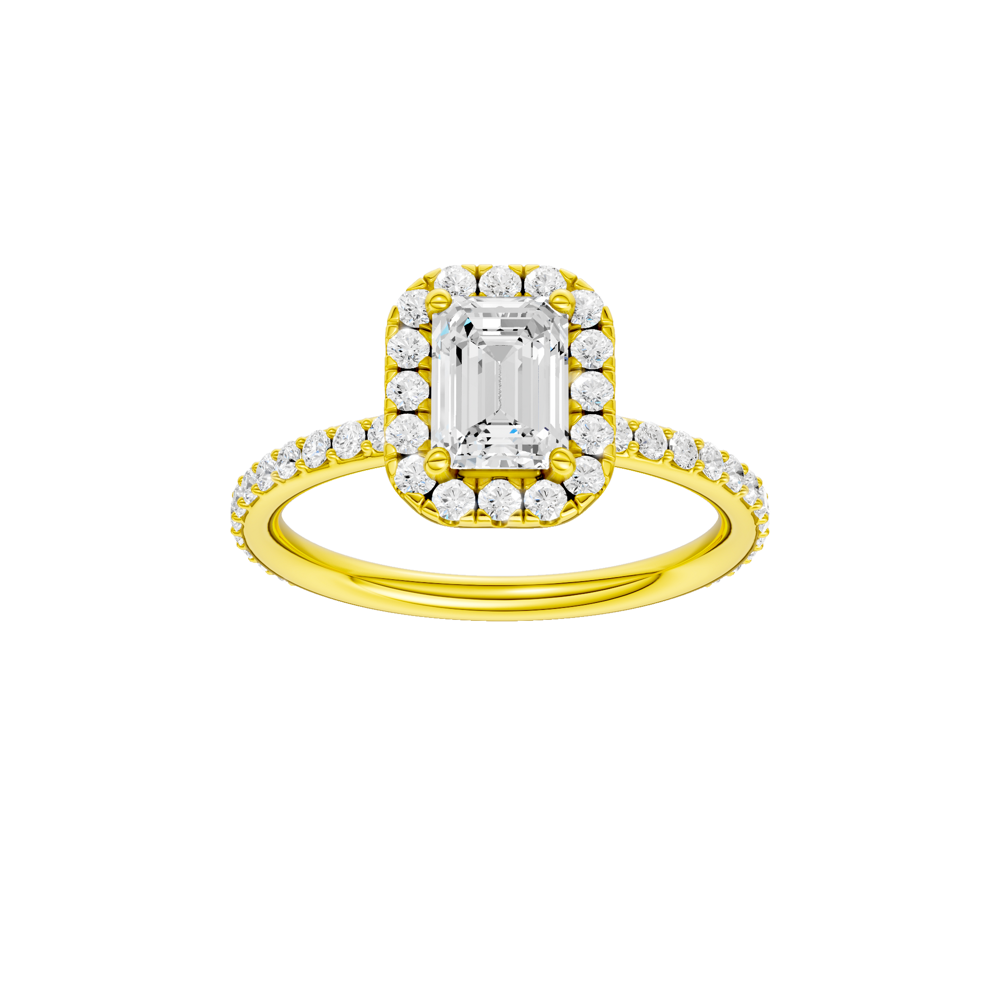 Emerald-cut diamond engagement ring with a prong-set diamond band and halo setting.