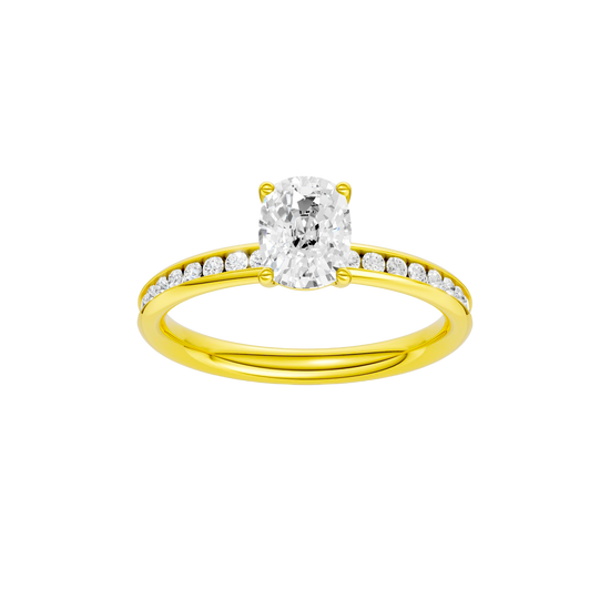 Elongated cushion-cut diamond engagement ring with a channel-set diamond band and solitaire setting.