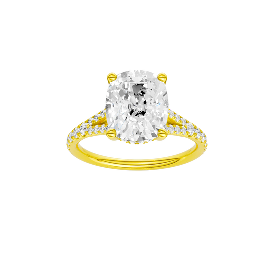 Elongated cushion-cut diamond engagement ring with a prong-set diamond band and hidden-halo setting.