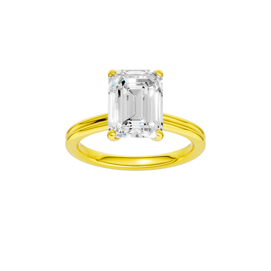Emerald-cut diamond engagement ring with a plain band and solitaire setting.