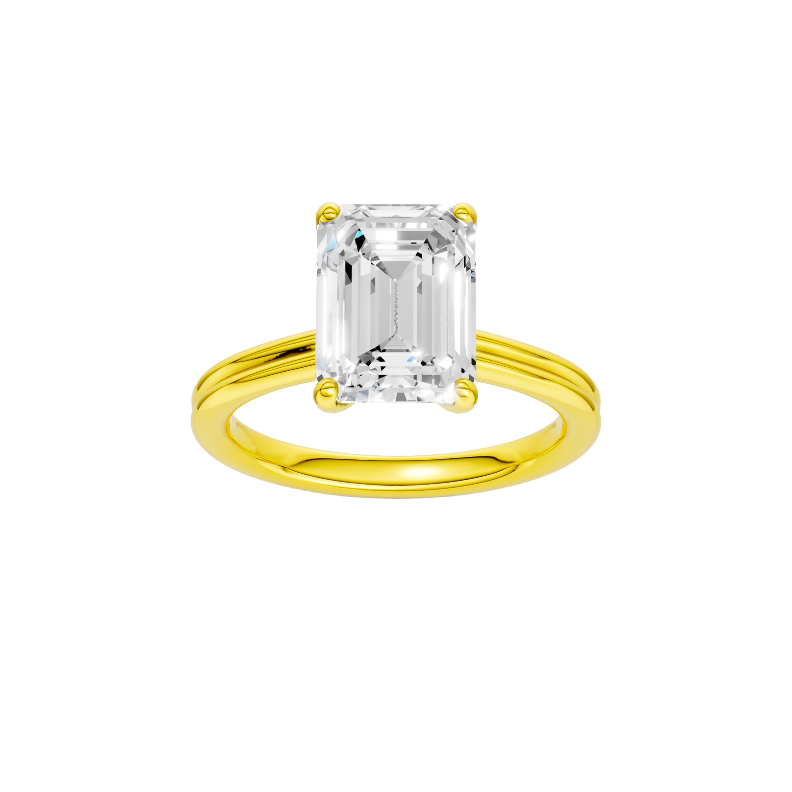 Emerald-cut diamond engagement ring with a plain band and solitaire setting.