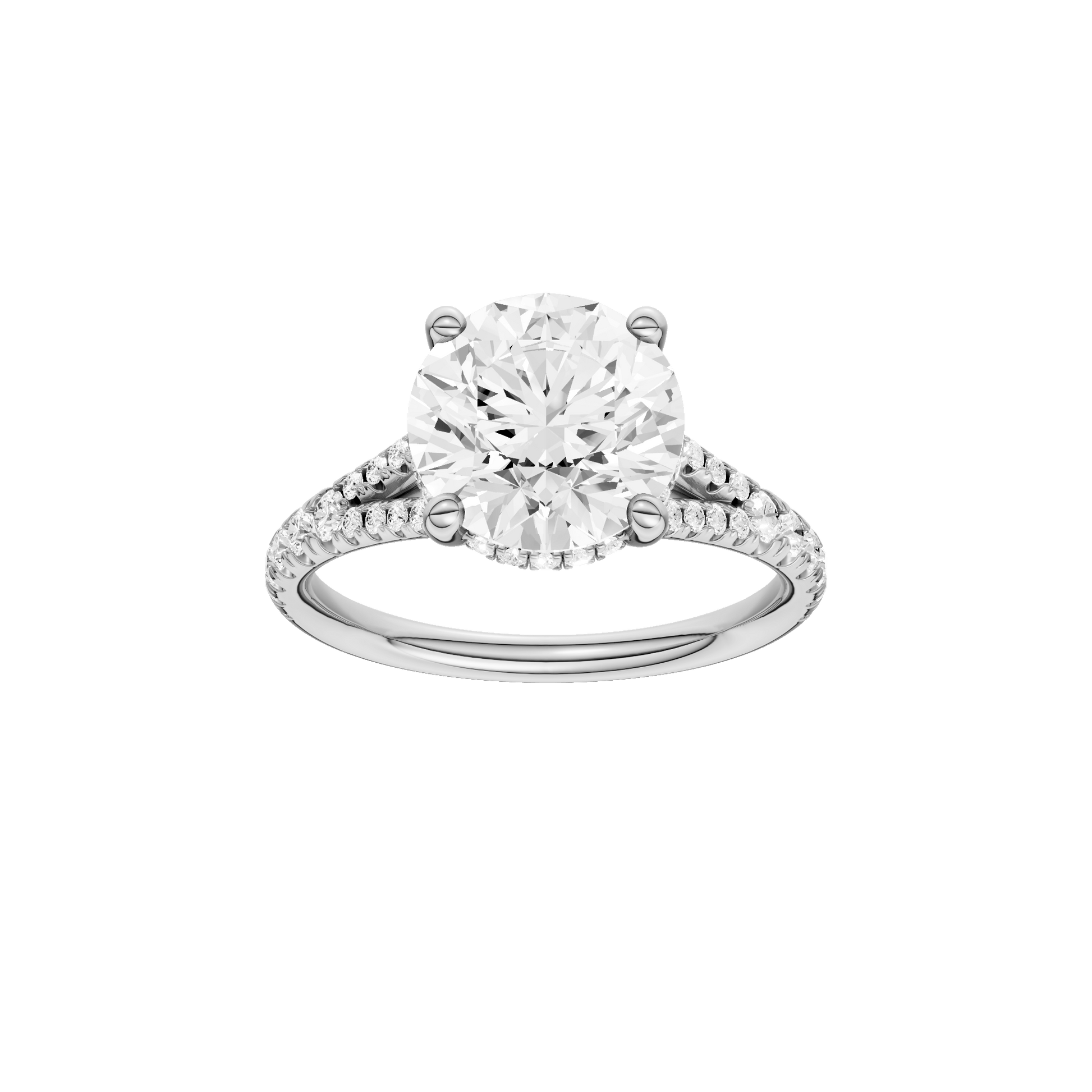 Round-cut diamond engagement ring with a prong-set diamond band and hidden-halo setting.
