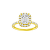 Emerald-cut diamond engagement ring with a prong-set diamond band and halo setting.