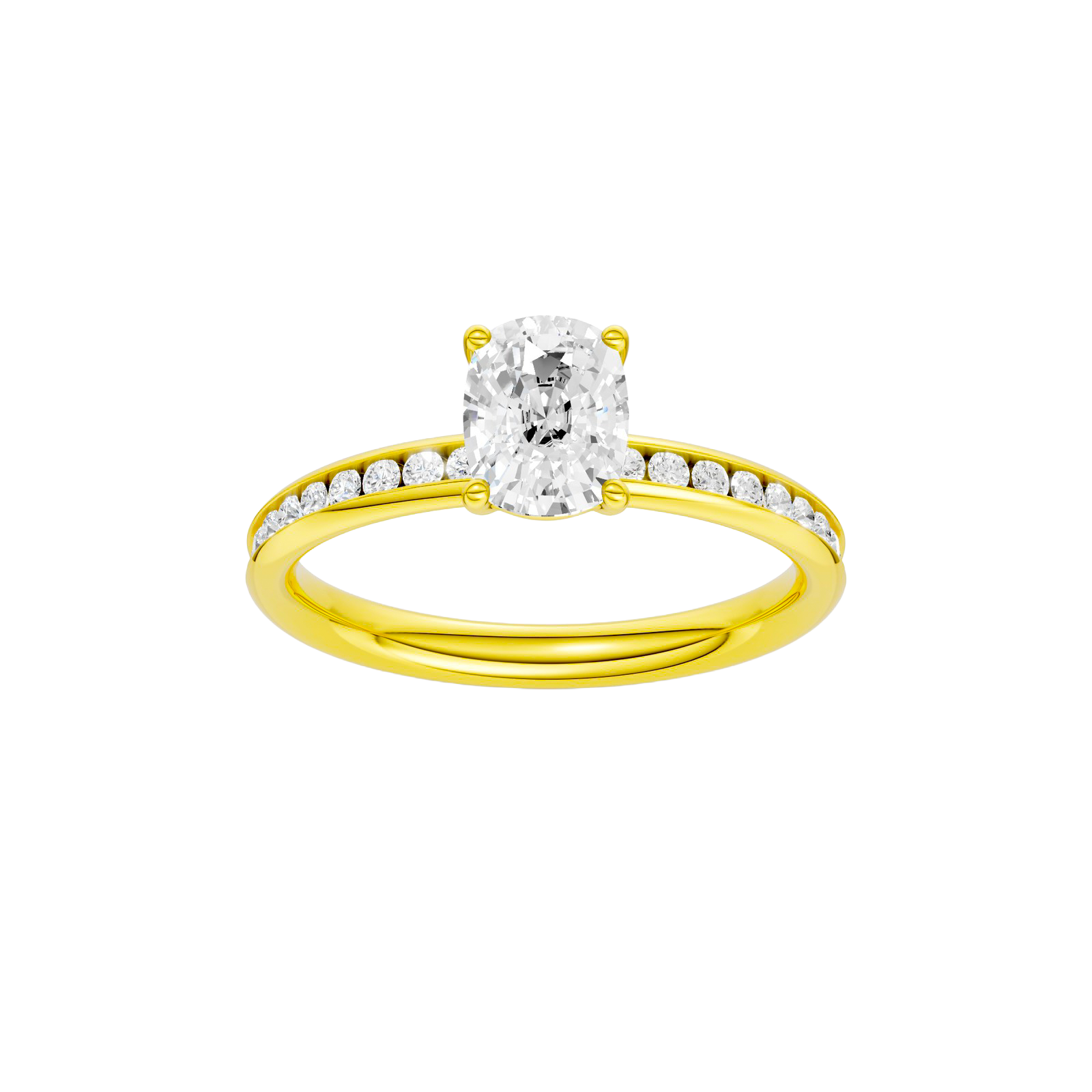 Elongated cushion-cut diamond engagement ring with a channel-set diamond band and solitaire setting.