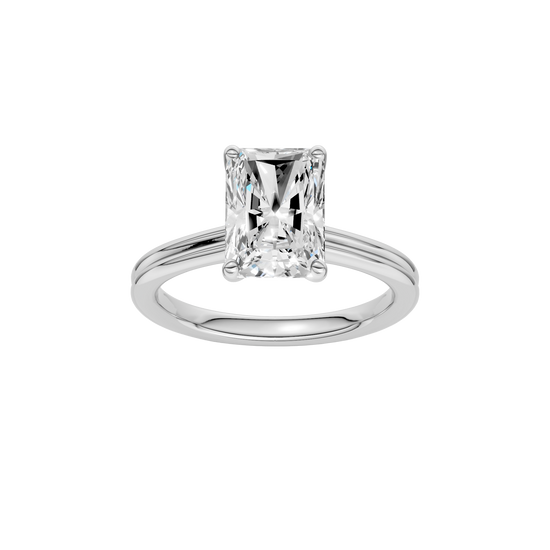 Radiant-cut diamond engagement ring with a plain band and solitaire setting.
