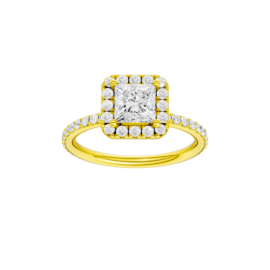 Princess-cut diamond engagement ring with a prong-set diamond band and halo setting.
