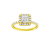 Princess-cut diamond engagement ring with a prong-set diamond band and halo setting.
