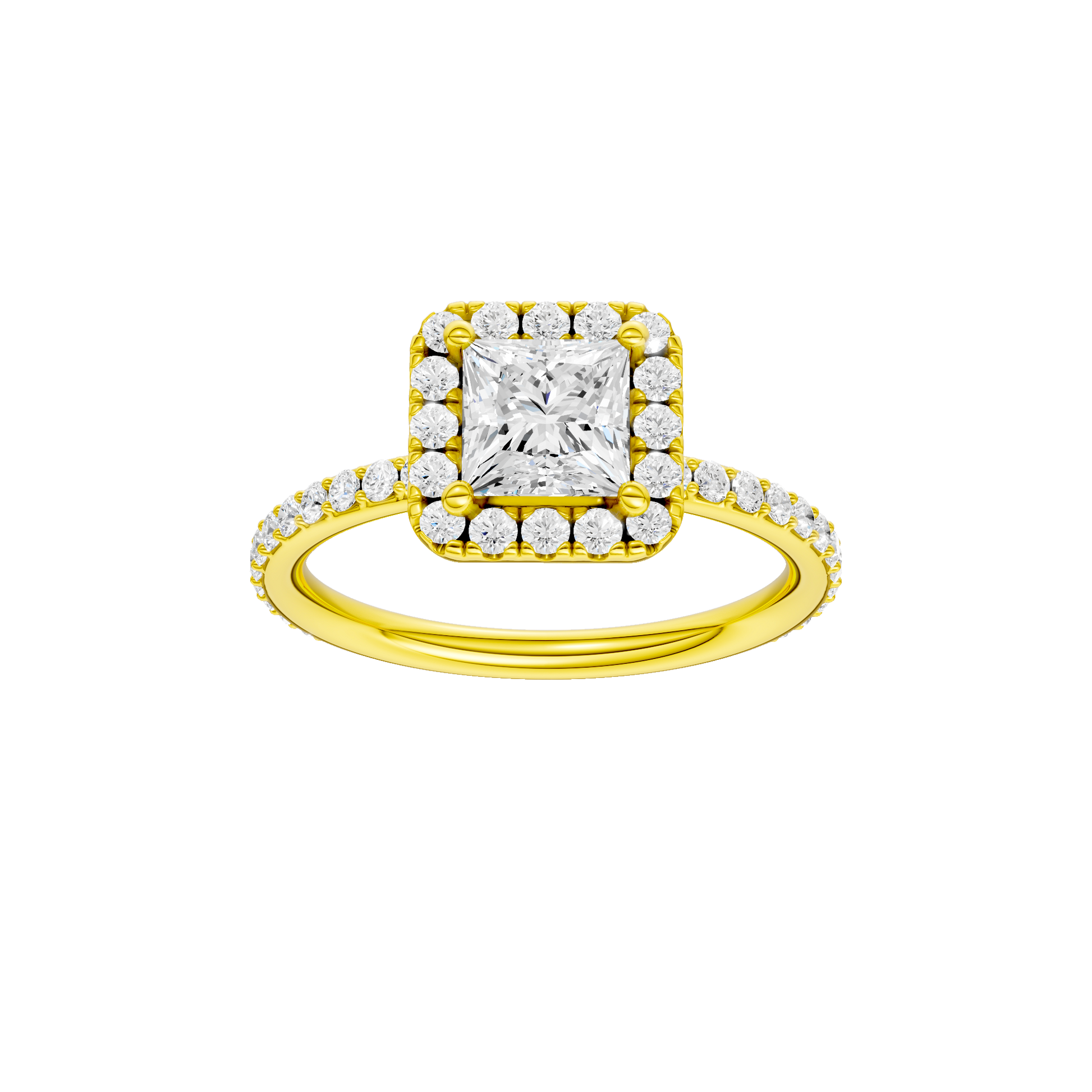 Princess-cut diamond engagement ring with a prong-set diamond band and halo setting.