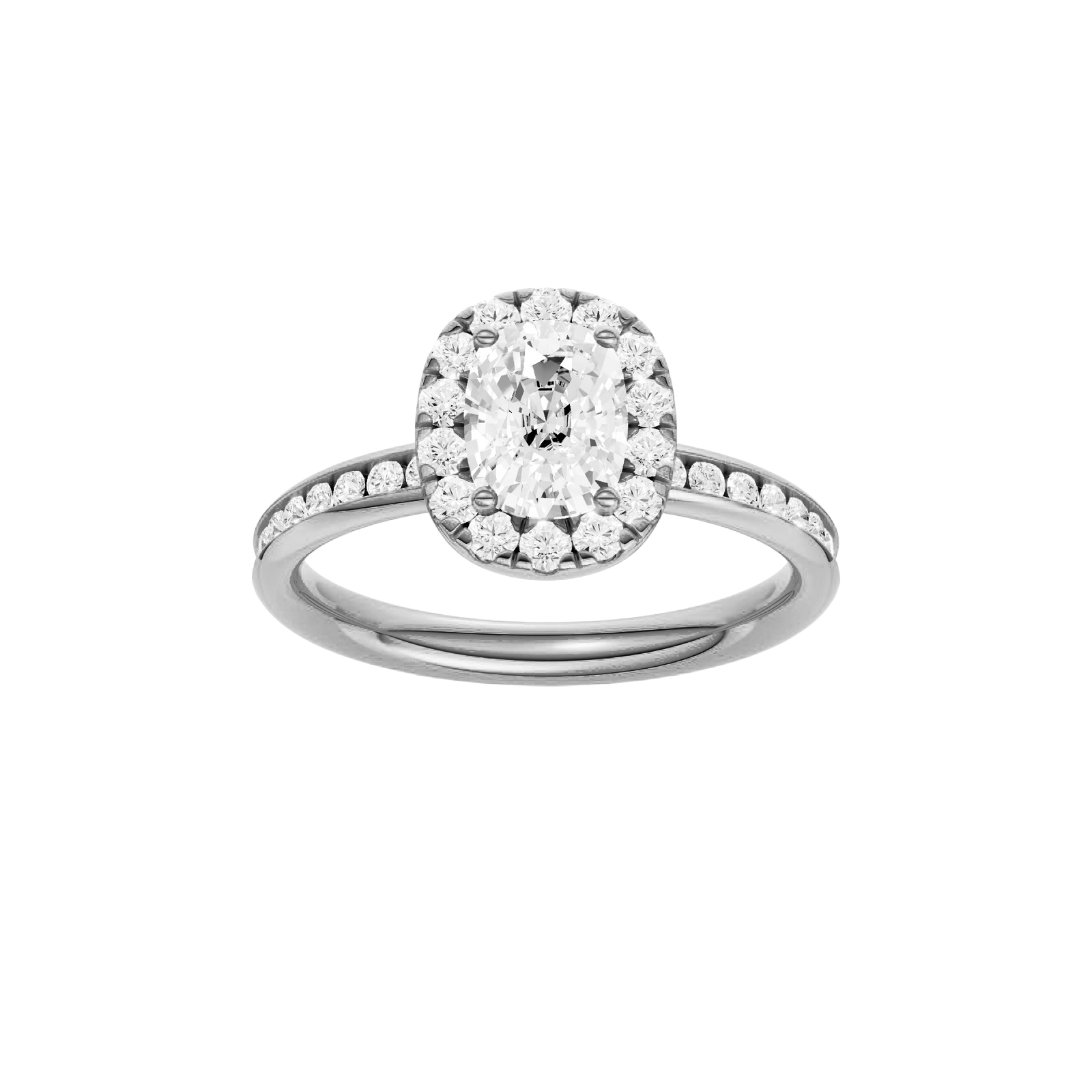 Elongated cushion-cut diamond engagement ring with a channel-set diamond band and halo setting.