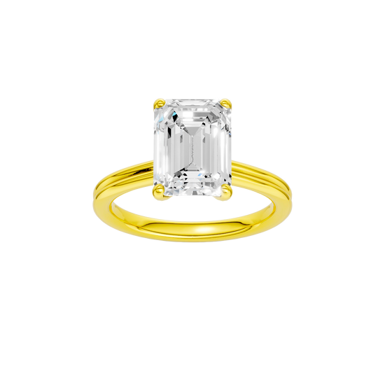 Emerald-cut diamond engagement ring with a plain band and solitaire setting.