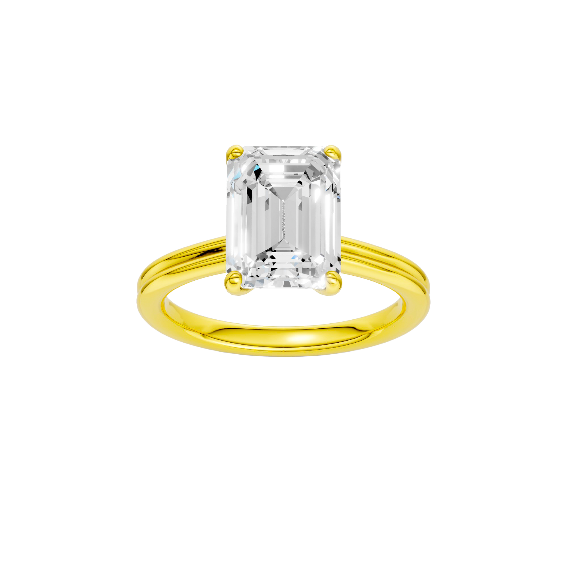 Emerald-cut diamond engagement ring with a plain band and solitaire setting.