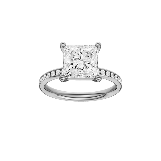 Princess-cut diamond engagement ring with a channel-set diamond band and solitaire setting.