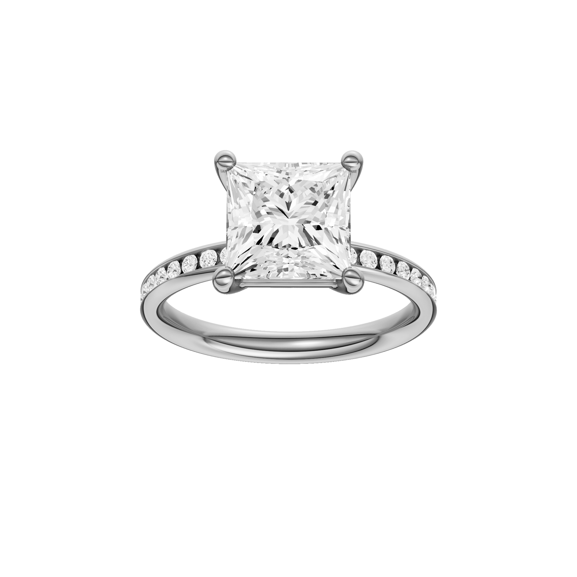 Princess-cut diamond engagement ring with a channel-set diamond band and solitaire setting.